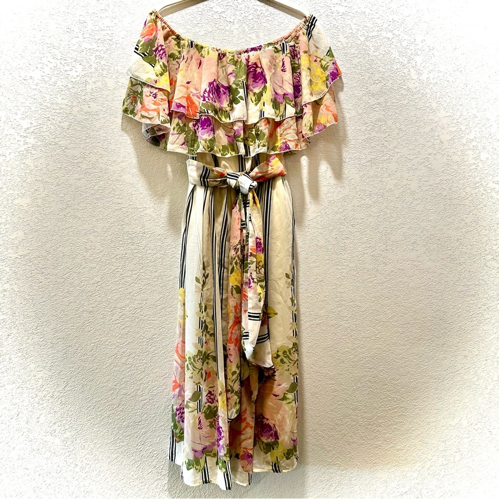 ASOS | Floral & Striped Midi Dress Boat Neck with Ruffles | Size 6